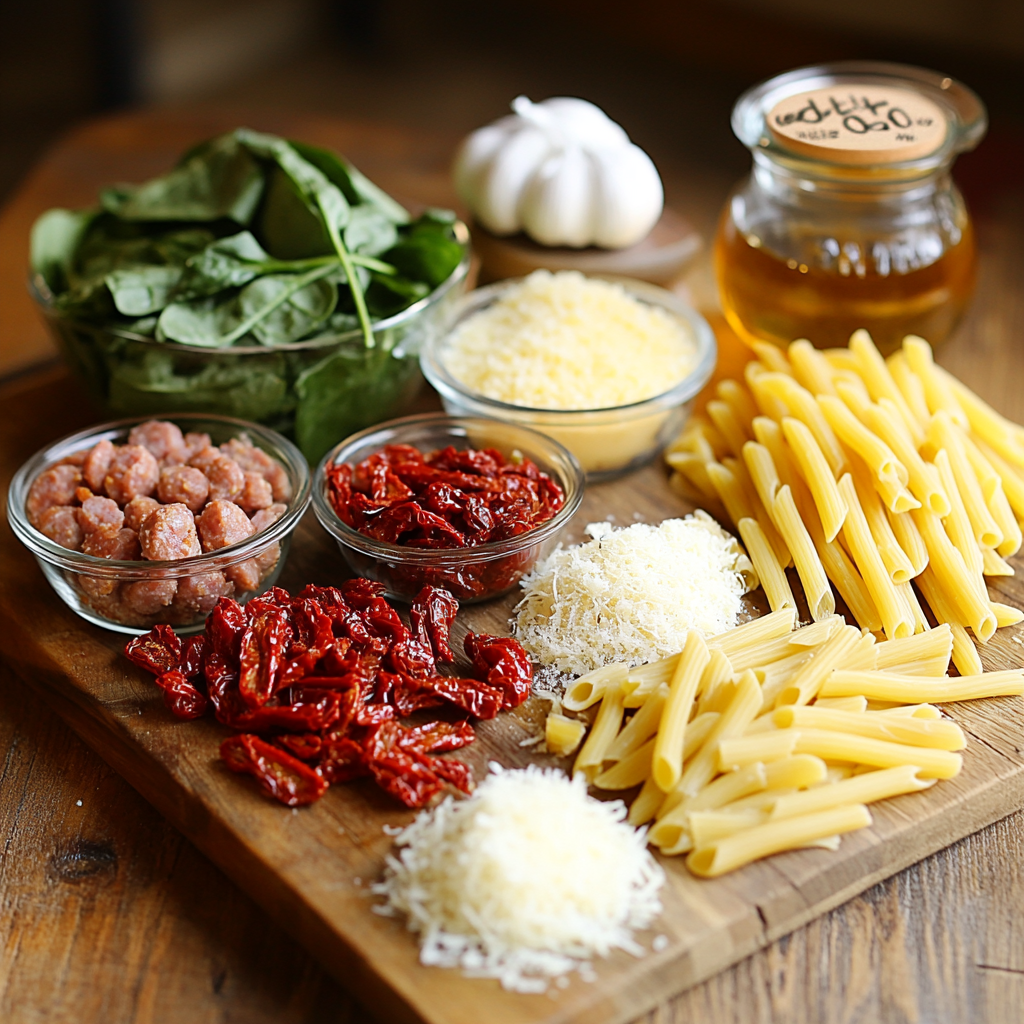 Creamy Sun-Dried Tomato and Italian Sausage Pasta ingredients