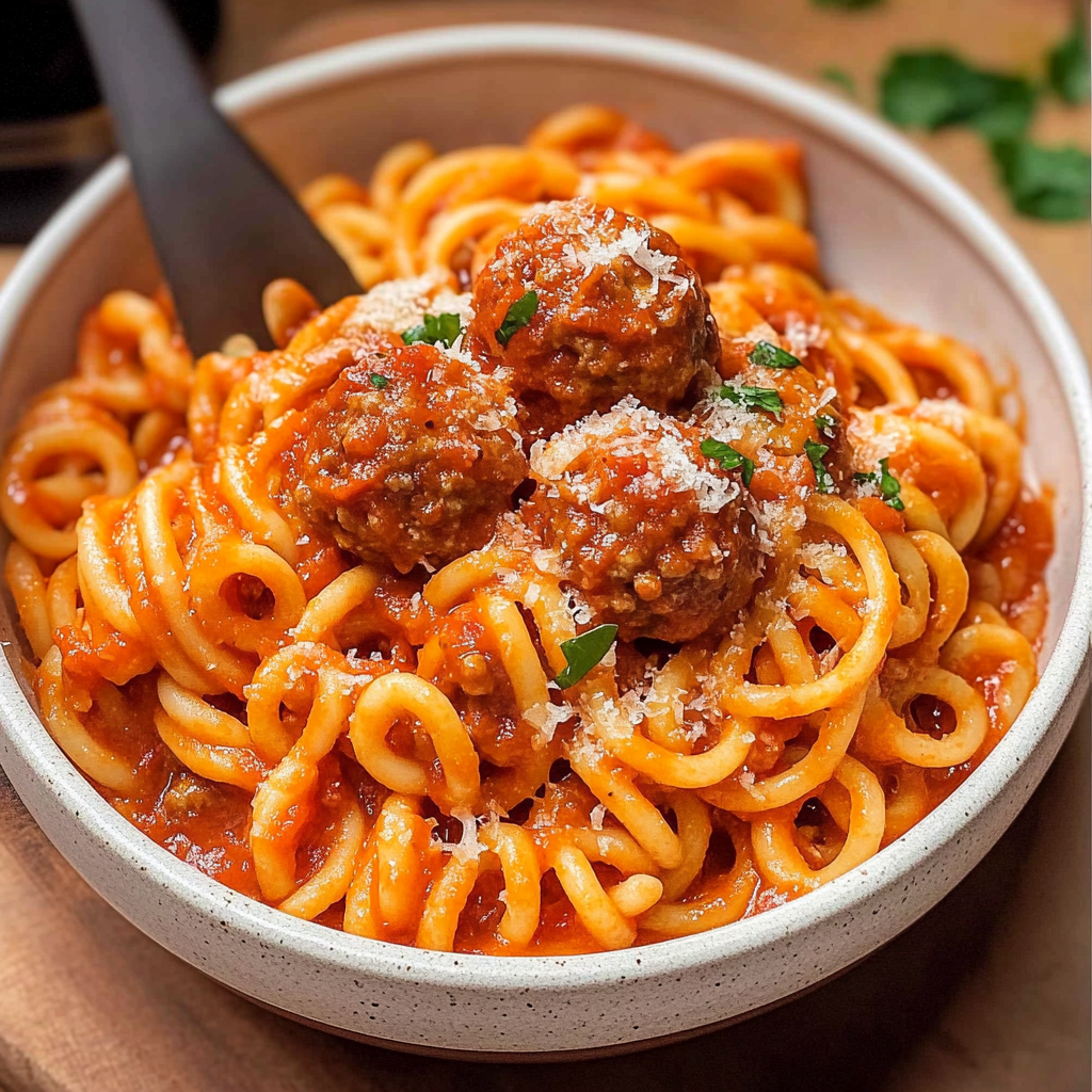 Homemade One Pot Spaghettios and Meatballs