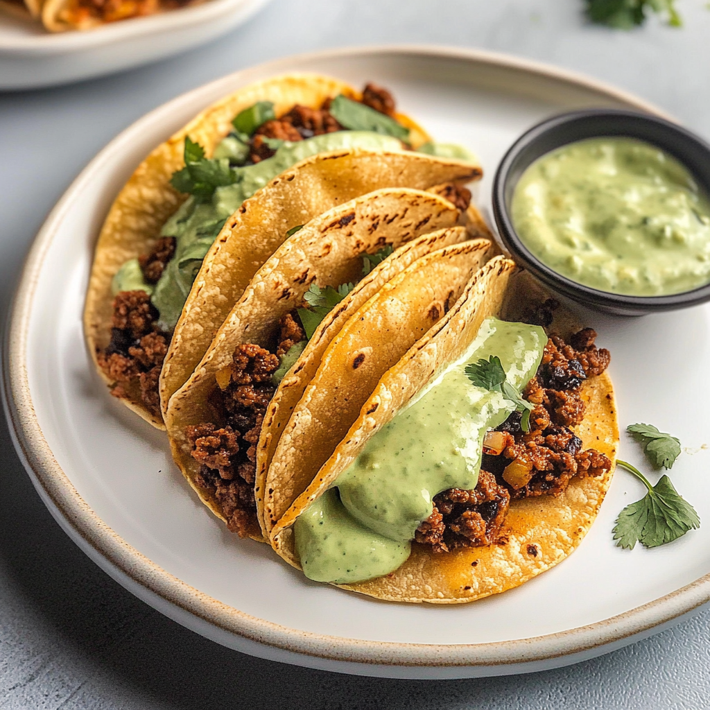 Baked Ground Turkey Tacos with Avocado Sauce