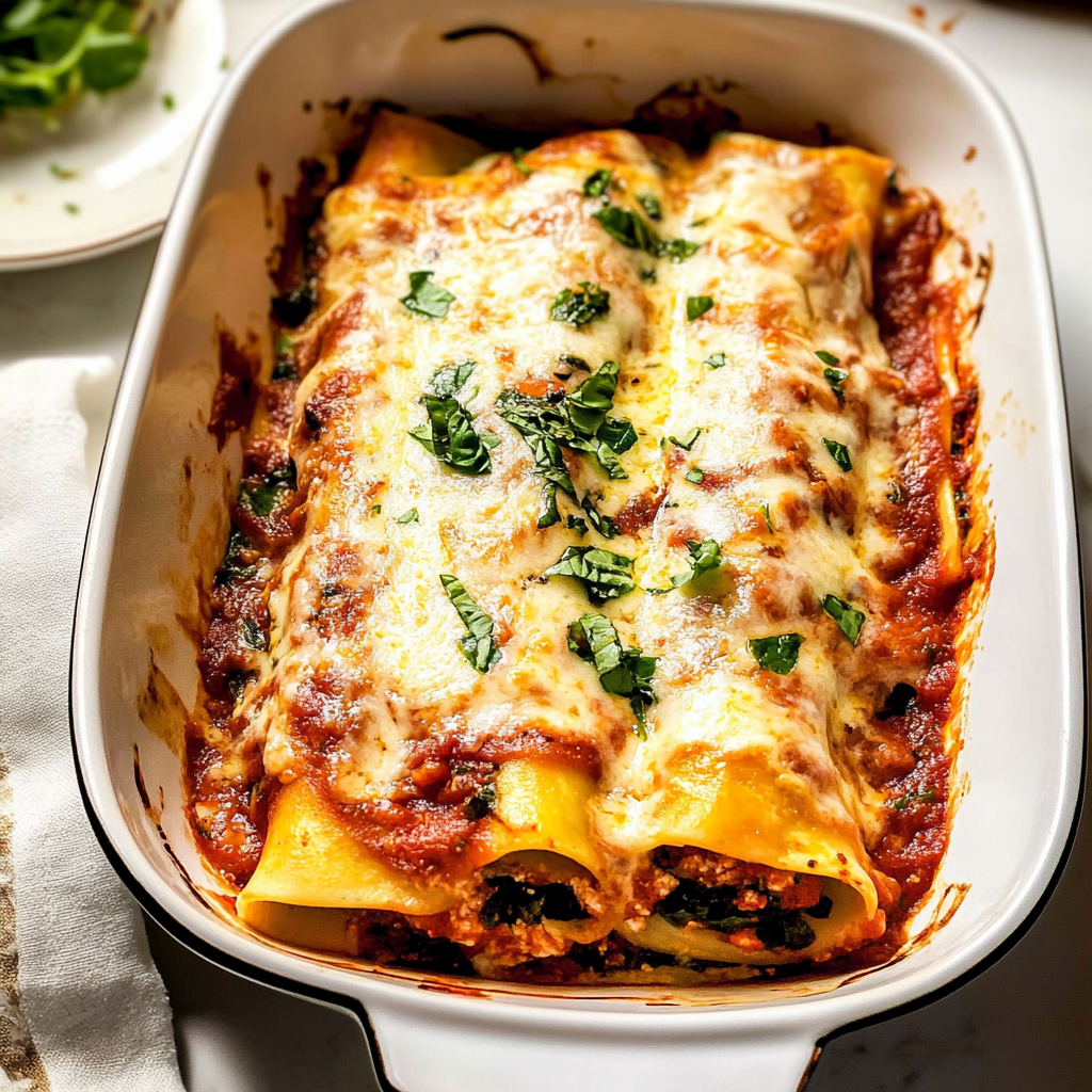 Homemade Crepe Manicotti with Spinach Ricotta Filling