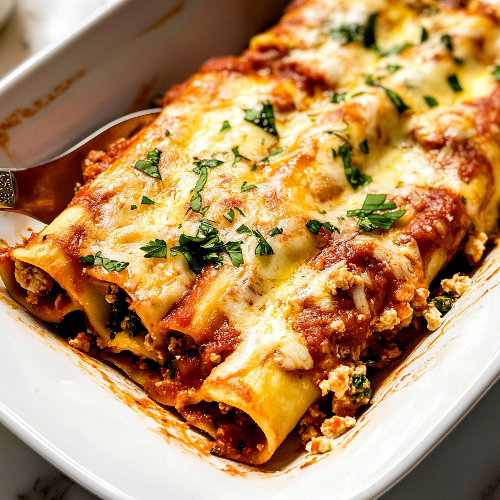 Homemade Crepe Manicotti with Spinach Ricotta Filling