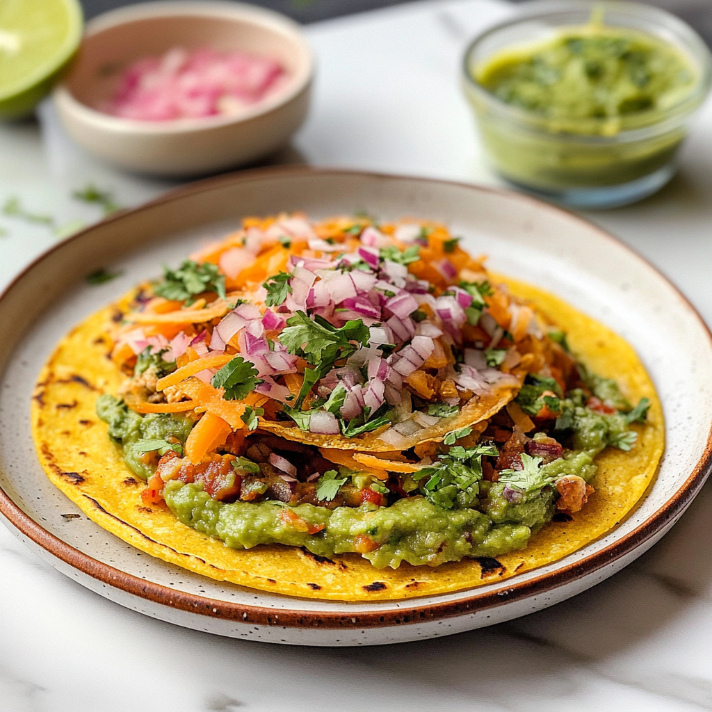 Vegetarian Tostadas with Avocado, Cheddar, and Pickled Red Onions