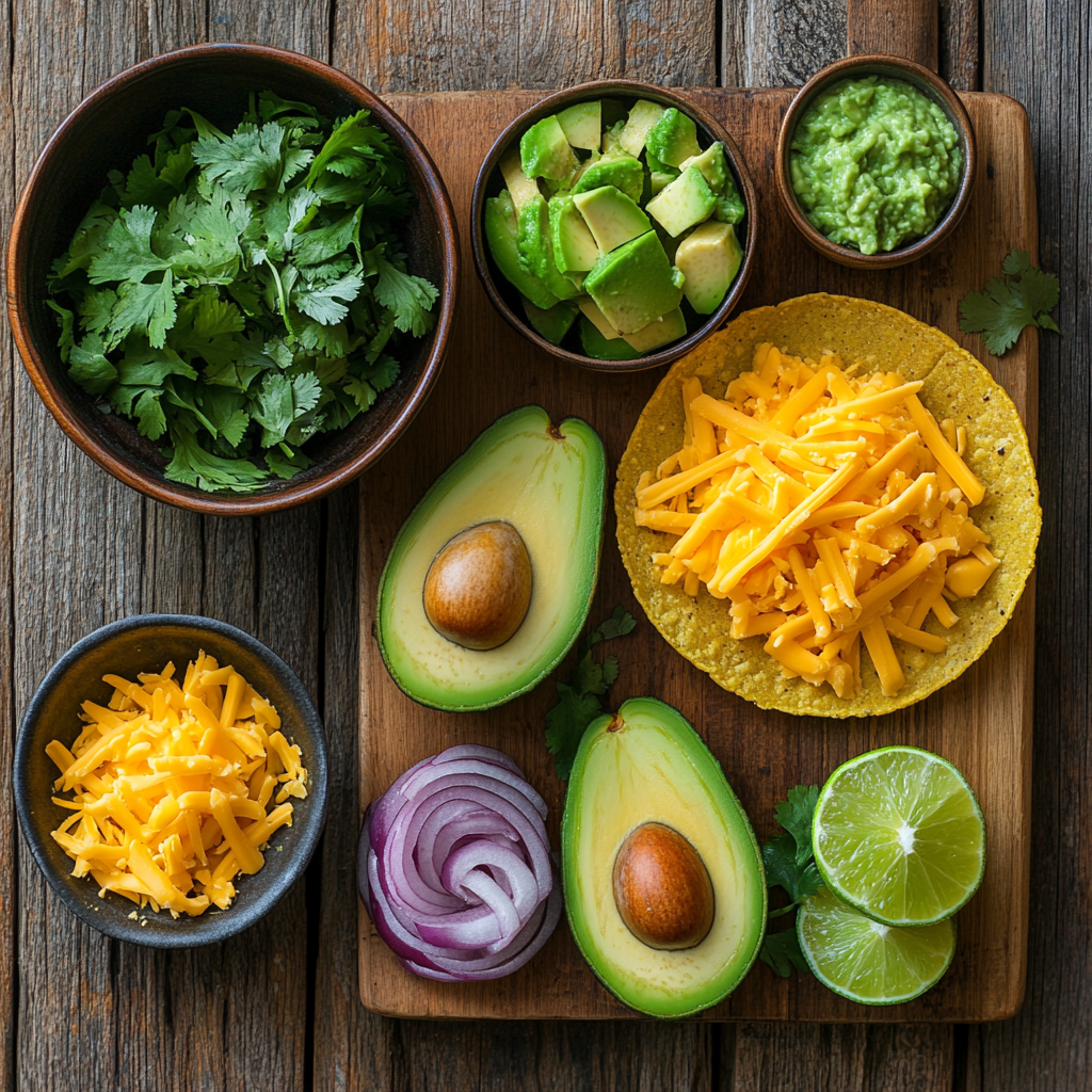 Vegetarian Tostadas with Avocado, Cheddar, and Pickled Red Onions ingredients