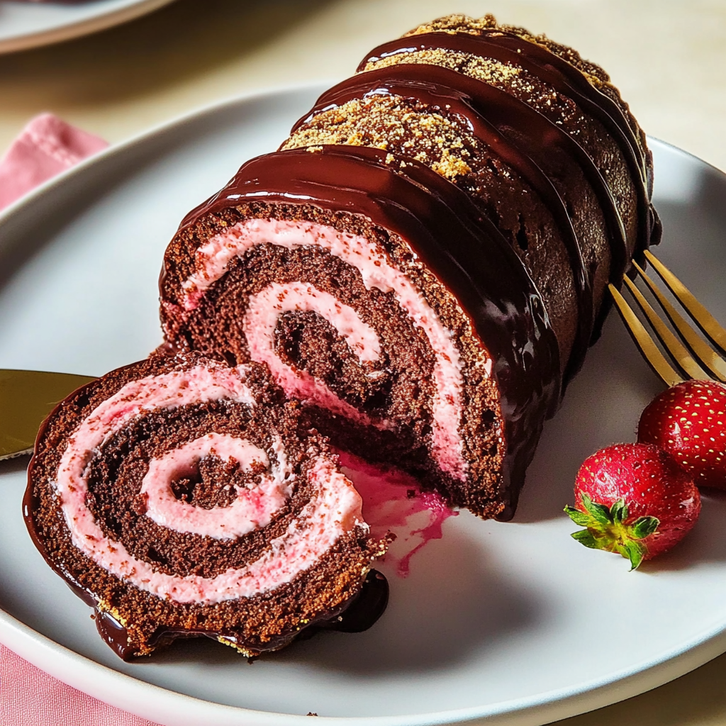 Chocolate-Covered Strawberry Swiss Roll Cake