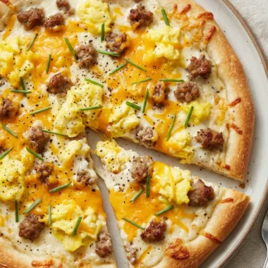 Breakfast Pizza with Sausage, Eggs, and Cheddar finished recipe