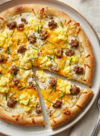 Breakfast Pizza with Sausage, Eggs, and Cheddar finished recipe