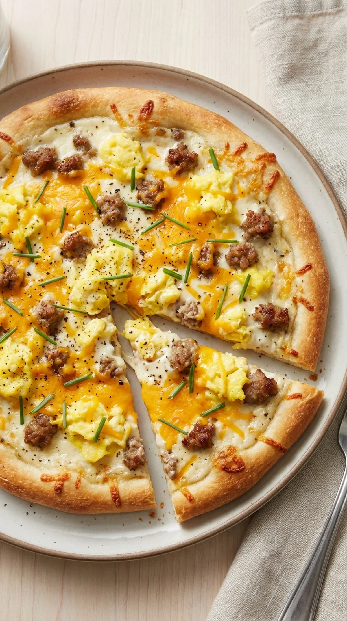 Breakfast Pizza with Sausage, Eggs, and Cheddar finished recipe