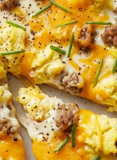 Breakfast Pizza with Sausage, Eggs, and Cheddar finished recipe