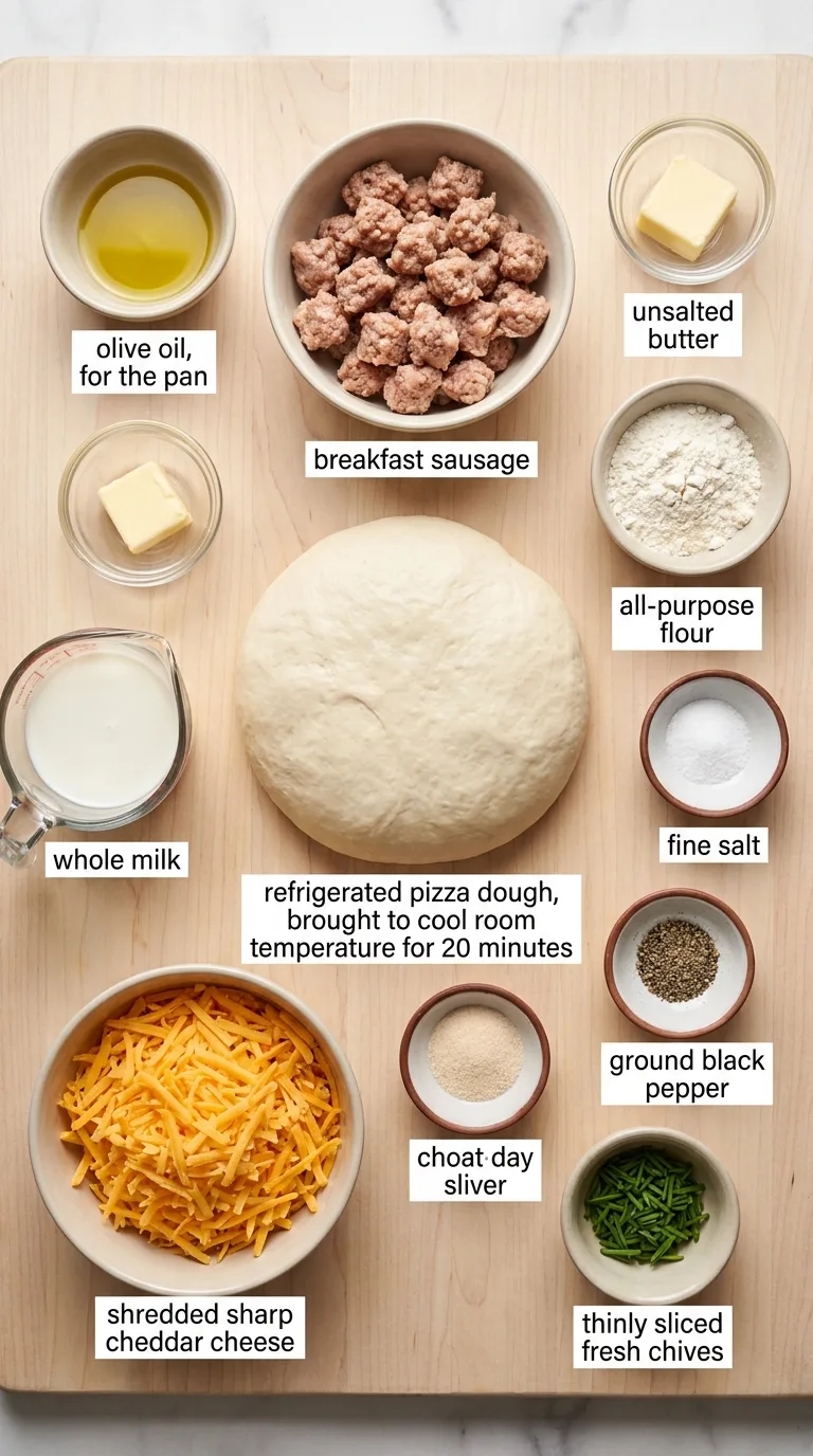Breakfast Pizza with Sausage, Eggs, and Cheddar ingredients