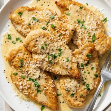 Garlic Parmesan Chicken with Creamy Pan Sauce finished recipe