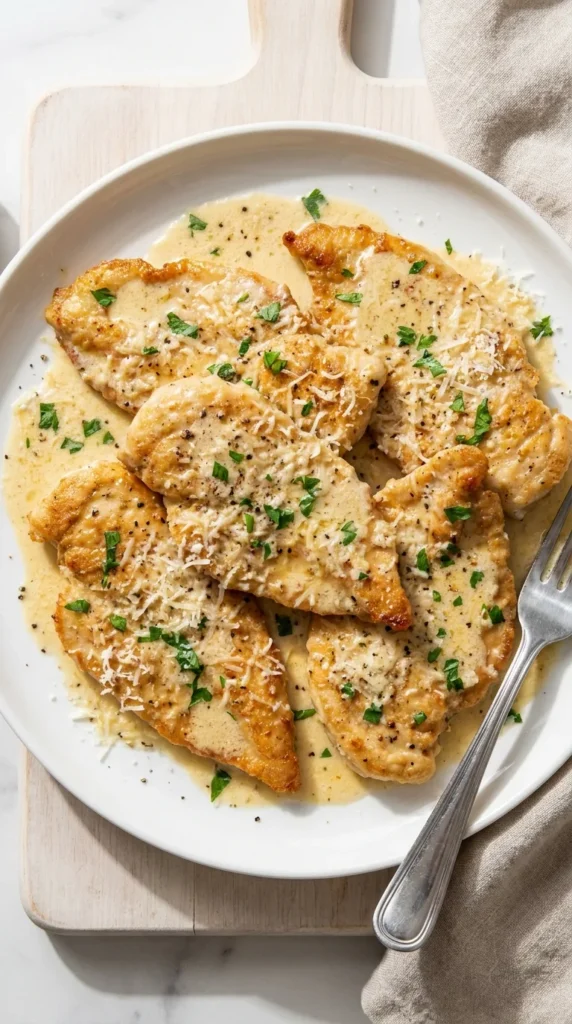 Garlic Parmesan Chicken with Creamy Pan Sauce full finished recipe