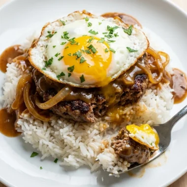 Loco Moco with Beef Gravy and Fried Eggs finished recipe