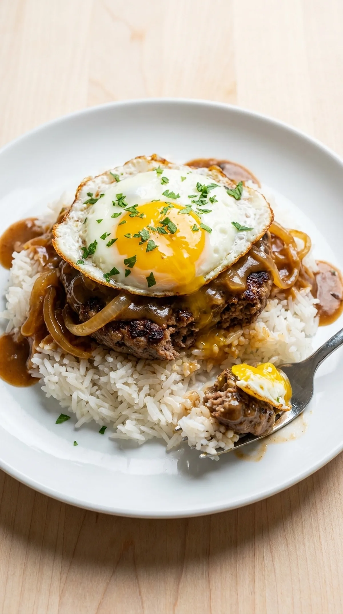 Loco Moco with Beef Gravy and Fried Eggs finished recipe
