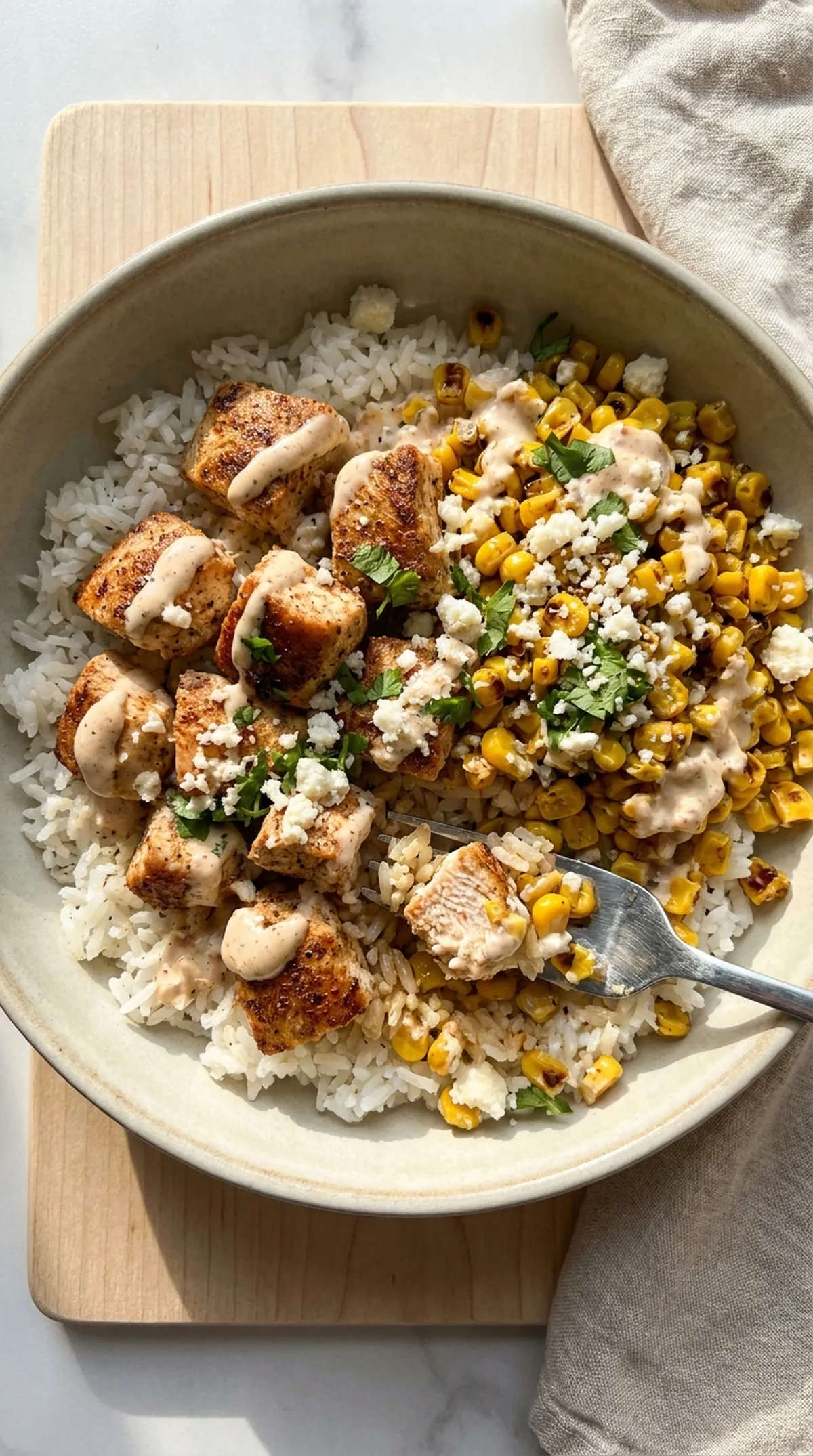 Street Corn Chicken Rice Bowls finished recipe
