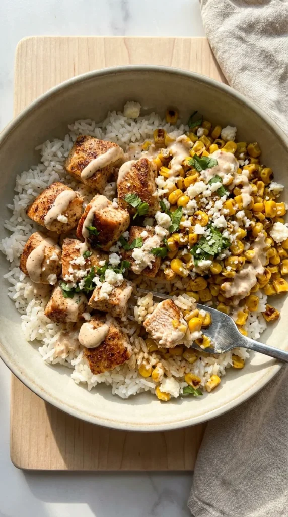 Street Corn Chicken Rice Bowls full finished recipe