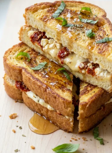 Sun-Dried Tomato and Feta Stuffed French Toast finished recipe