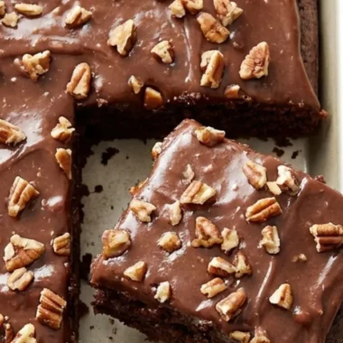 Texas Sheet Cake Recipe with Chocolate Pecan Frosting finished recipe