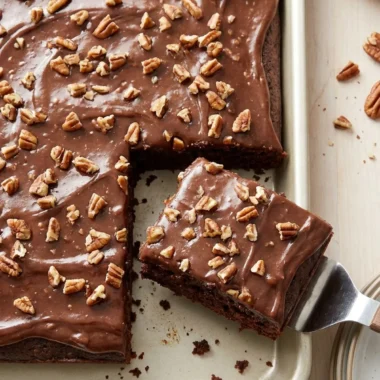 Texas Sheet Cake Recipe with Chocolate Pecan Frosting finished recipe