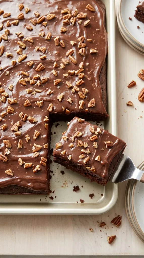 Texas Sheet Cake Recipe with Chocolate Pecan Frosting full finished recipe
