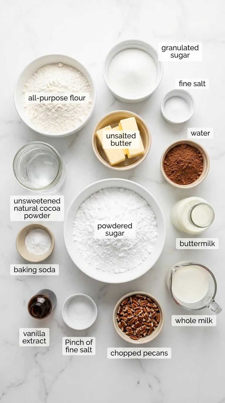 Texas Sheet Cake Recipe with Chocolate Pecan Frosting ingredients