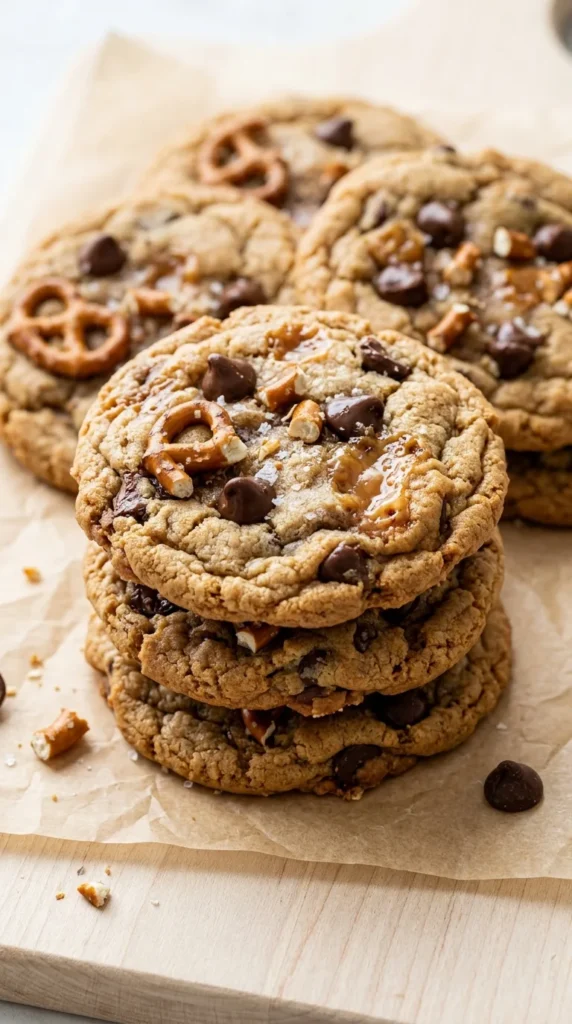 Salted Caramel Pretzel Chocolate Chip Cookies full finished recipe