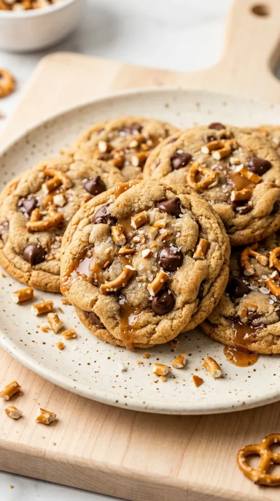 Salted Caramel Pretzel Chocolate Chip Cookies full finished recipe
