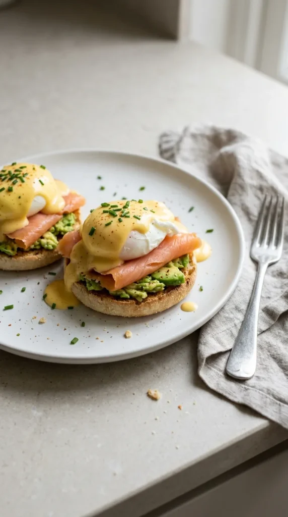 Smoked Salmon and Avocado Eggs Royale full finished recipe